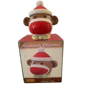 Cracker Barrel Handmade Christmas Sock Monkey Candy Jar Earthenware 6” READ